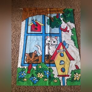 Colorful Cat and Birdhouse Garden Flag Vintage/Y2k